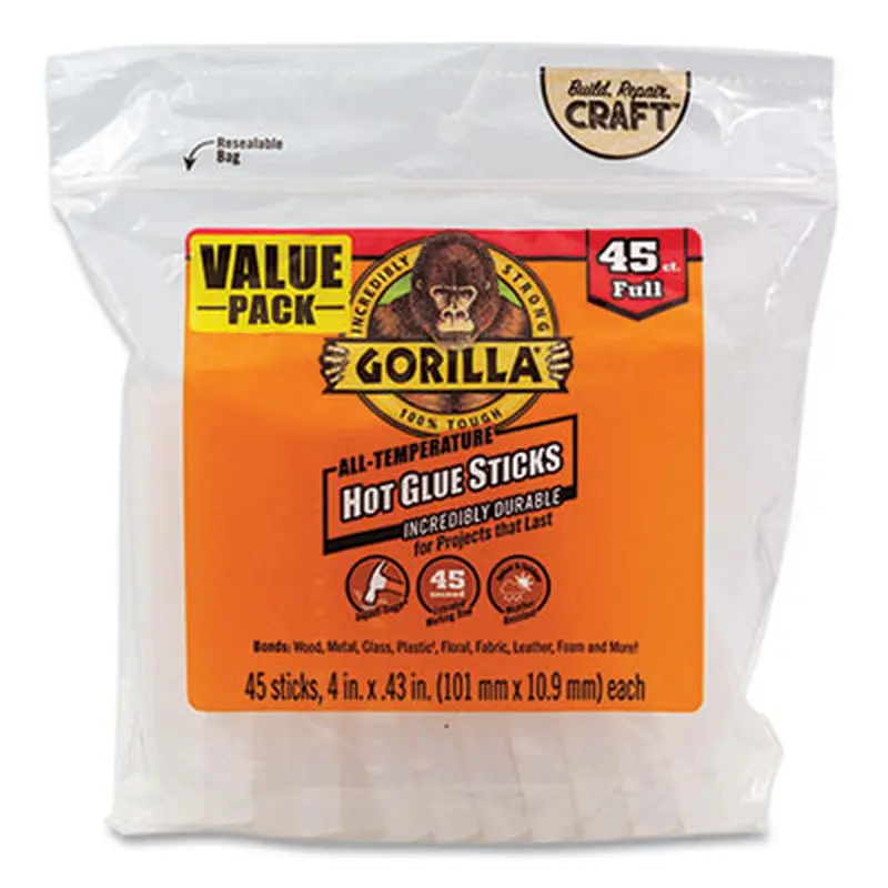 Hot Glue Sticks, 0.43" dia x 4", Dries Clear, 45/Pack - Glue Gun Sticks | Gorilla