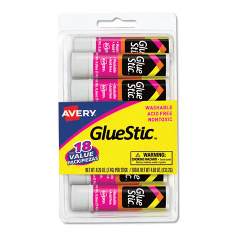 Permanent Glue Stic Value Pack, 0.26 oz, Applies White, Dries Clear, 18/Pack - Glue | Avery