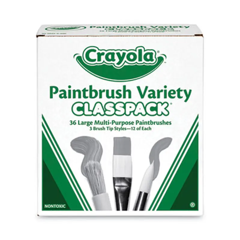 Large Variety Paint Brush Classpack, Natural; Nylon Bristles, Flat; Round Profiles, 36/Set - Paint Supplies | Crayola