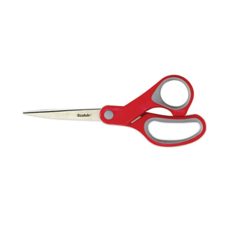 Multi-Purpose Scissors, 8" Long, 3.38" Cut Length, Straight Gray/Red Handle - Scissors | Scotch