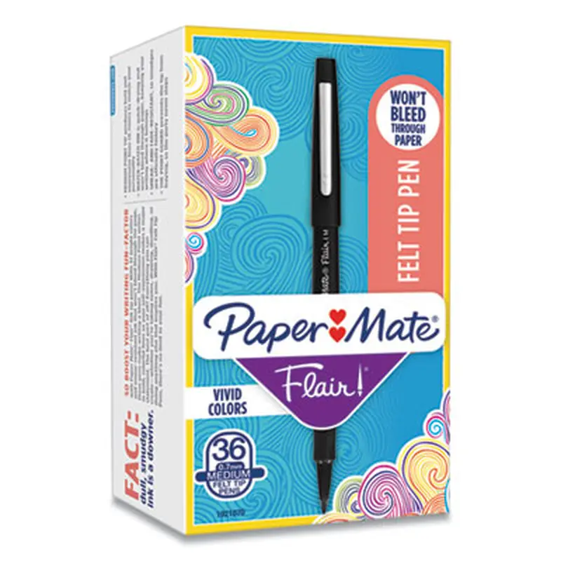 Point Guard Flair Felt Tip Porous Point Pen, Stick, Medium 0.7 mm, Black Ink, Black Barrel, 36/Box - Pens | Paper Mate
