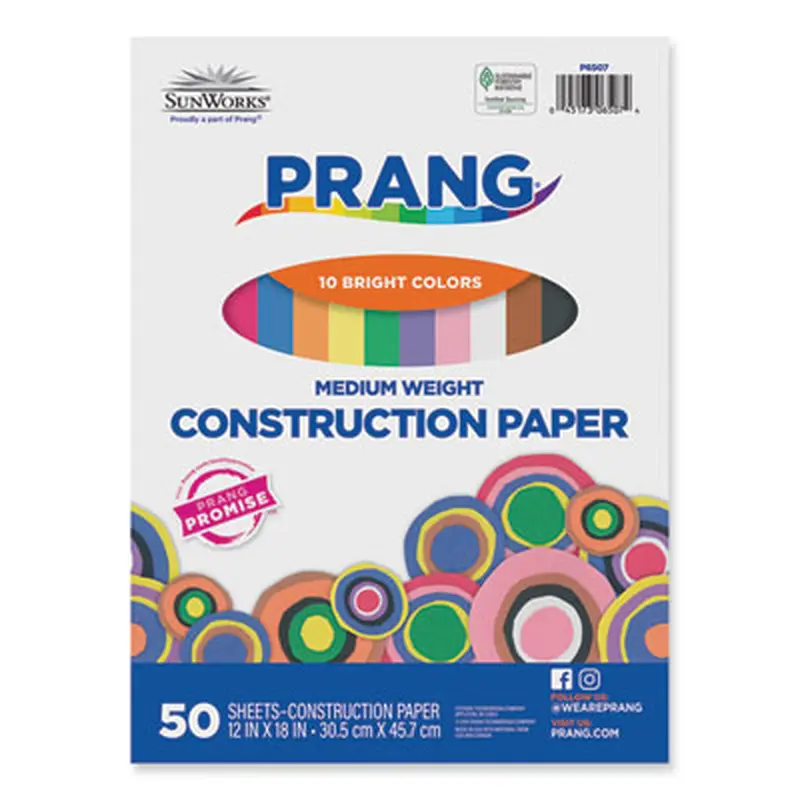 SunWorks Construction Paper, 50 lb Text Weight, 12 x 18, Assorted, 50/Pack - Art & Design Paper | Prang
