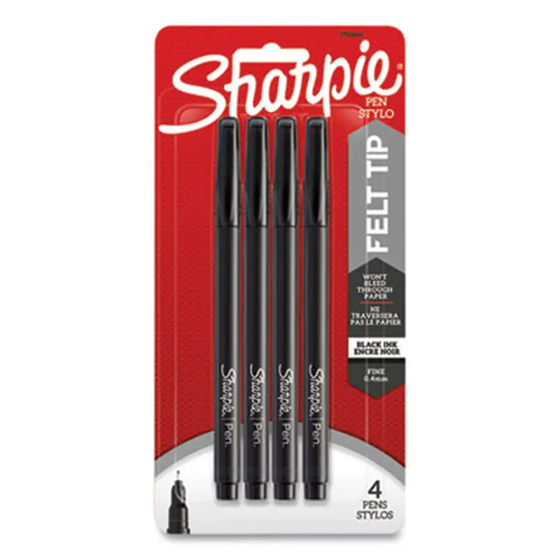 Water-Resistant Ink Porous Point Pen, Stick, Fine 0.4 mm, Black Ink, Black Barrel, 4/Pack - Pens | Sharpie