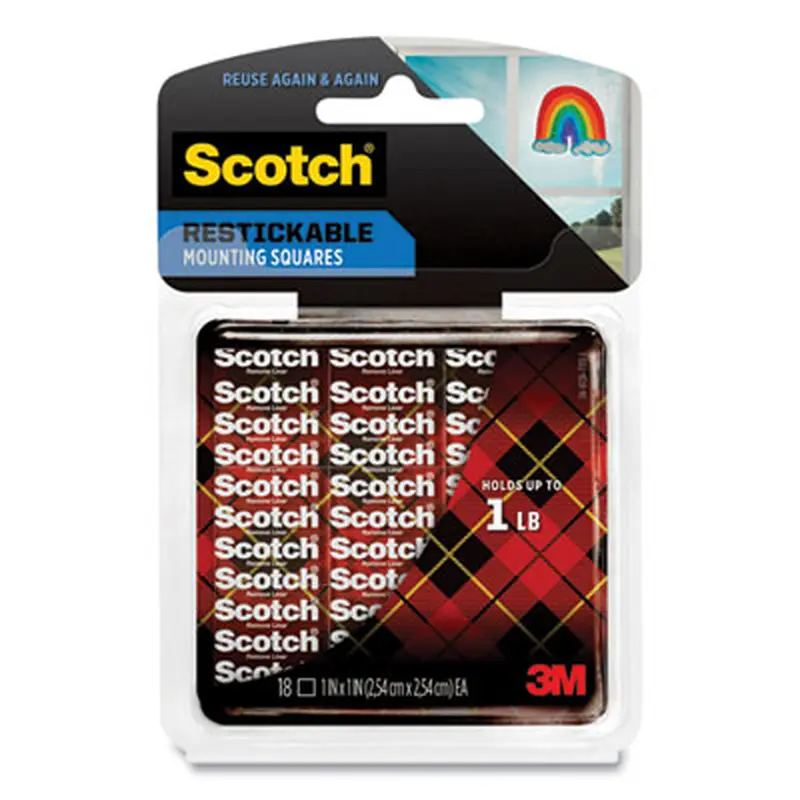 Restickable Mounting Tabs, Removable, Repositionable, Holds Up to 1 lb (4 Tabs), 1 x 1, Clear, 18/Pack - Mounting Tape | Scotch