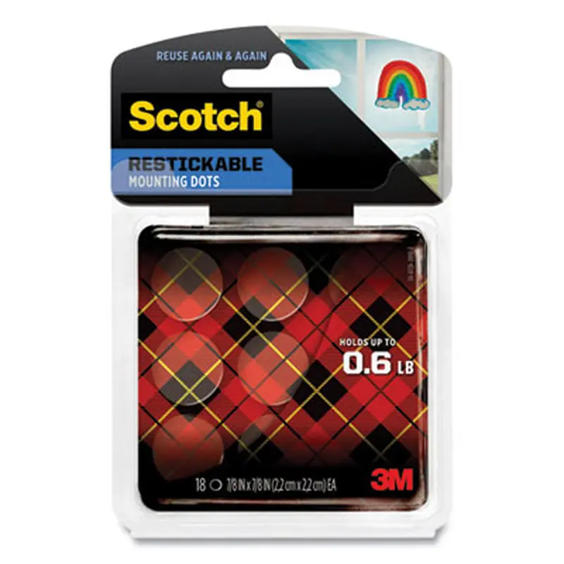 Restickable Mounting Tabs, Repositionable, Holds Up to 0.6 lb, 0.88 x 0.88, Clear, 18/Pack - Mounting Tape | Scotch