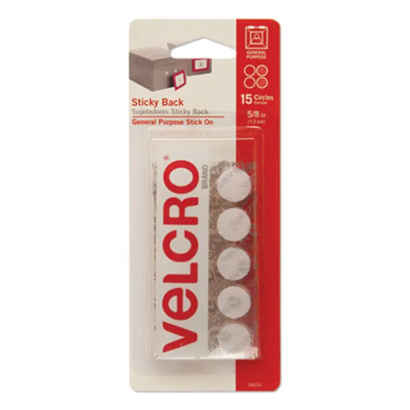 Sticky-Back Fasteners, Removable Adhesive, 0.63" dia, White, 15/Pack - Hook & Loop Fasteners | VELCRO Brand