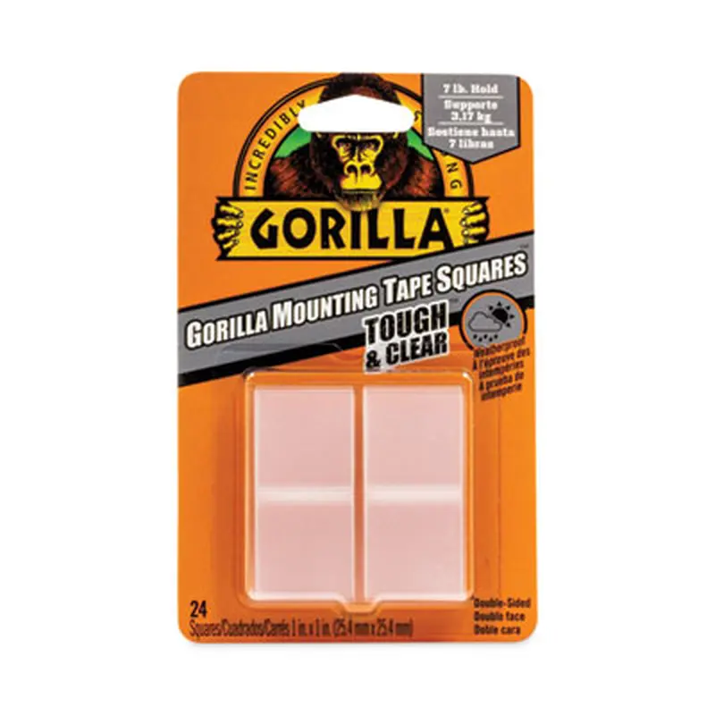 Tough and Clear Double-Sided Mounting Tape Squares, Holds Up to 0.58 lb per Pair (Up to 7 lb per 24), 1" x 1", Clear, 24/Pack - Mounting Tape | Gorilla