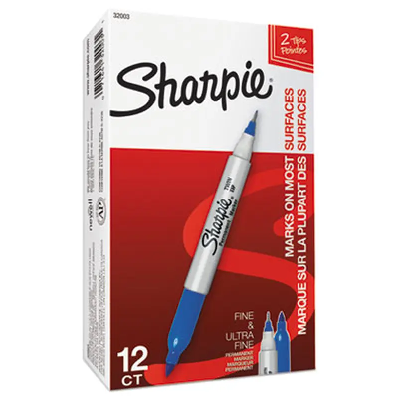 Twin-Tip Permanent Marker, Extra-Fine/Fine Bullet Tips, Blue, Dozen - Markers | Sharpie