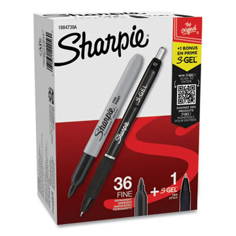 Fine Tip Permanent Marker Value Pack with (1) Bonus S-Gel 0.7 mm Black Ink Pen, Fine Bullet Tip Markers, Black Ink, 36/Pack - Markers | Sharpie