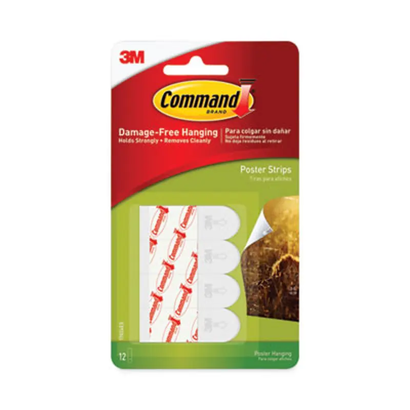 Poster Strips, Removable, Holds up to 1 lb per Pair, 0.63 x 1.75, White, 12/Pack - Mounting Tape | Command