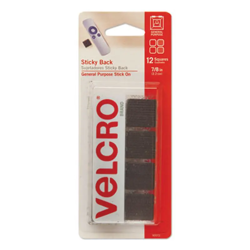 Sticky-Back Fasteners, Removable Adhesive, 0.88" x 0.88", Black, 12/Pack - Hook & Loop Fasteners | VELCRO Brand