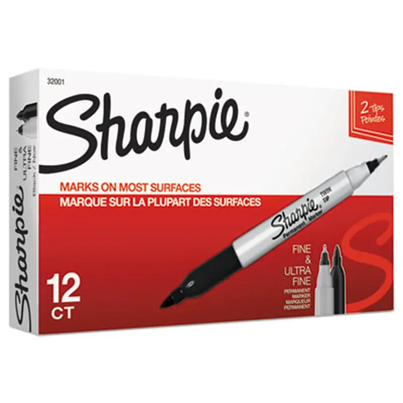 Twin-Tip Permanent Marker, Extra-Fine/Fine Bullet Tips, Black, Dozen - Markers | Sharpie