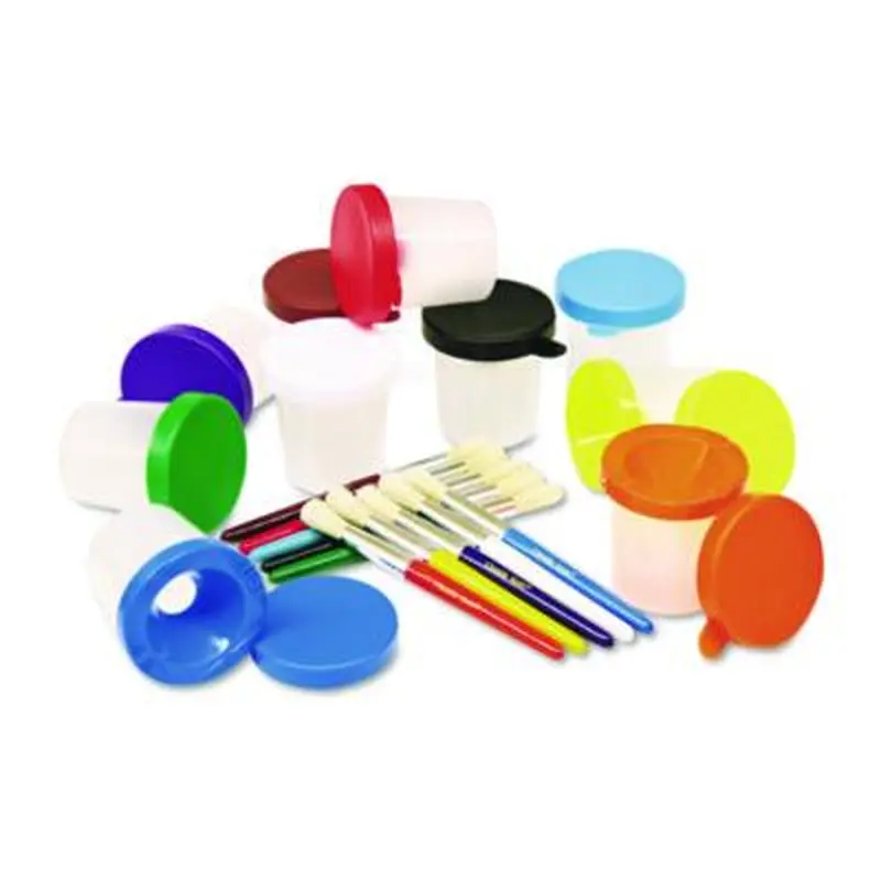 No-Spill Cups and Coordinating Brushes, Assorted Color Lids/Clear Cups, 10/Set - Paint Supplies | Creativity Street