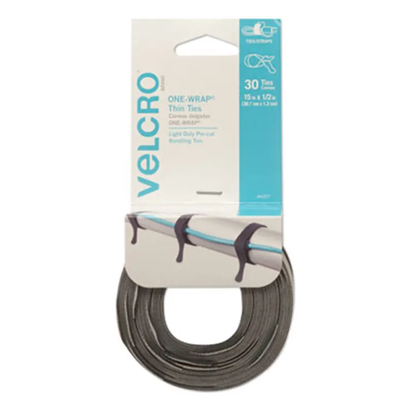 ONE-WRAP Pre-Cut Thin Ties, 0.5" x 15", Black/Gray, 30/Pack - Hook & Loop Fasteners | VELCRO Brand