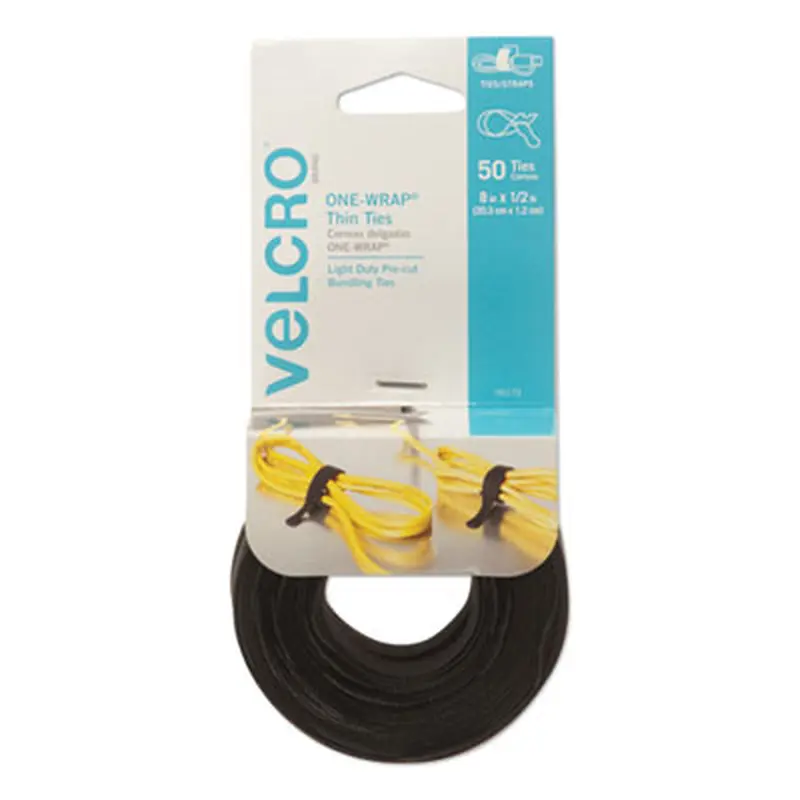 ONE-WRAP Pre-Cut Thin Ties, 0.5" x 8", Black, 50/Pack - Hook & Loop Fasteners | VELCRO Brand