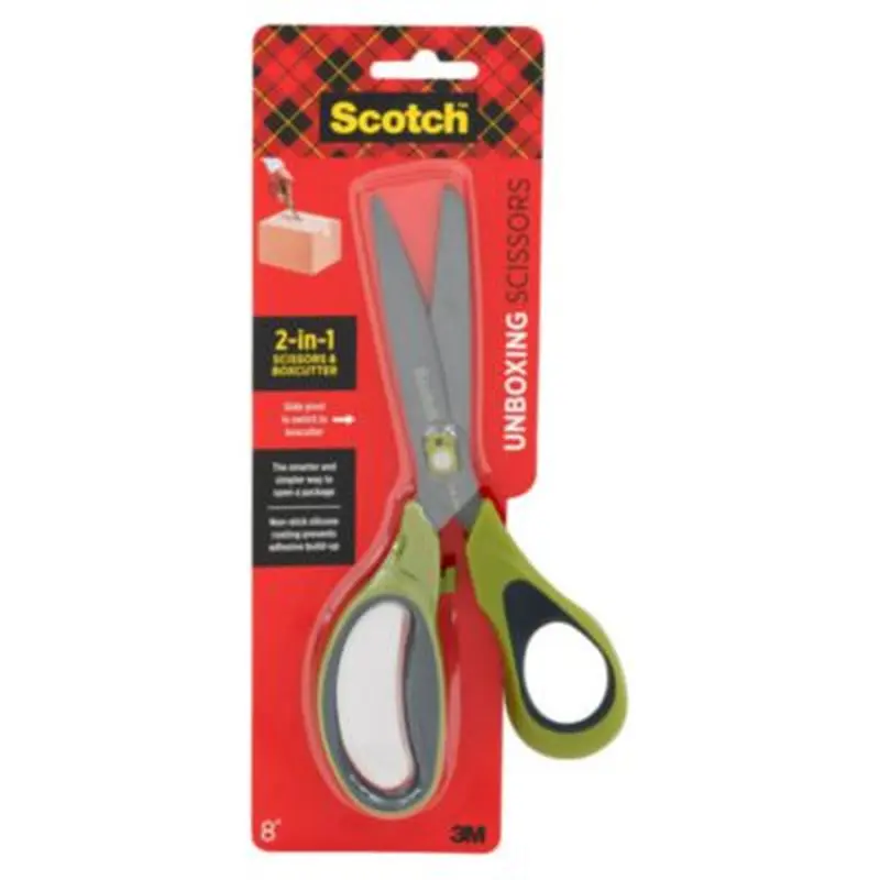 Non-Stick Unboxing Scissors, 8" Long, 2.7" Cut Length, Straight Green/Black Handle - Scissors | Scotch