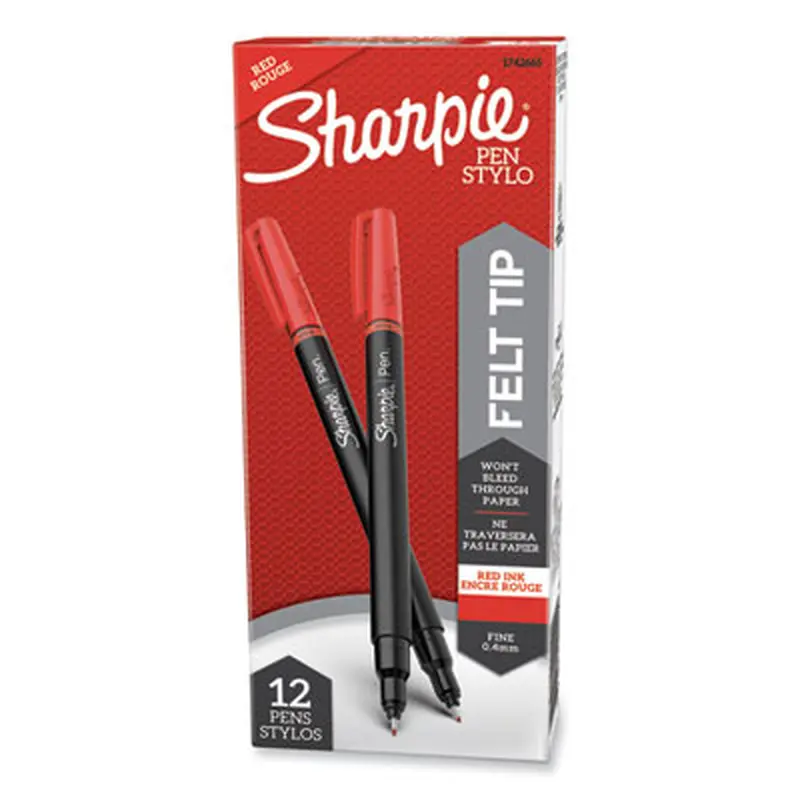 Water-Resistant Ink Porous Point Pen, Stick, Fine 0.4 mm, Red Ink, Black/Red Barrel, Dozen - Pens | Sharpie