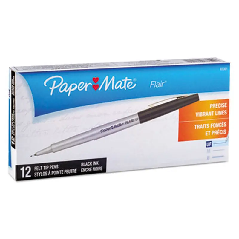 Flair Felt Tip Porous Point Pen, Stick, Ultra-Fine 0.4 mm, Black Ink, Gray/Black Barrel, Dozen - Pens | Paper Mate