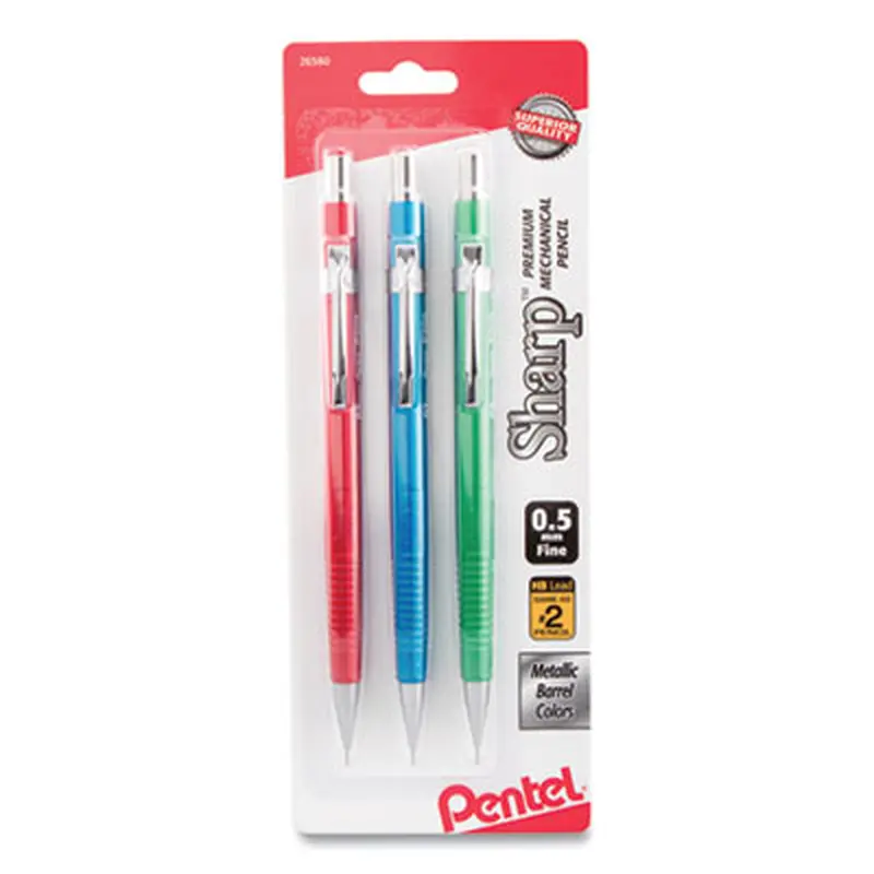 Sharp Mechanical Pencil, 0.5 mm, HB (#2), Black Lead, Assorted Barrel Colors, 3/Pack - Pencils | Pentel