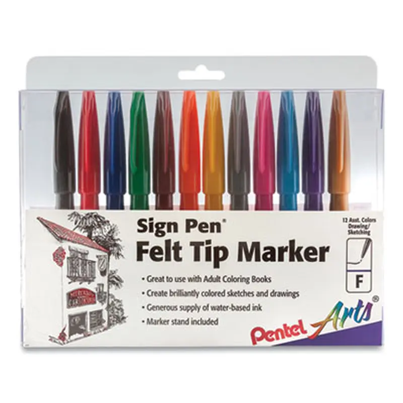 Sign Pen Fine Point Color Marker, Extra-Fine Bullet Tip, Assorted Colors, 12/Set - Markers | Pentel Arts