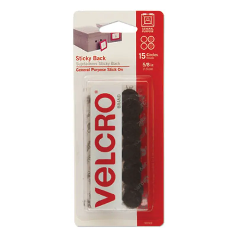 Sticky-Back Fasteners, Removable Adhesive, 0.63" dia, Black, 15/Pack - Hook & Loop Fasteners | VELCRO Brand