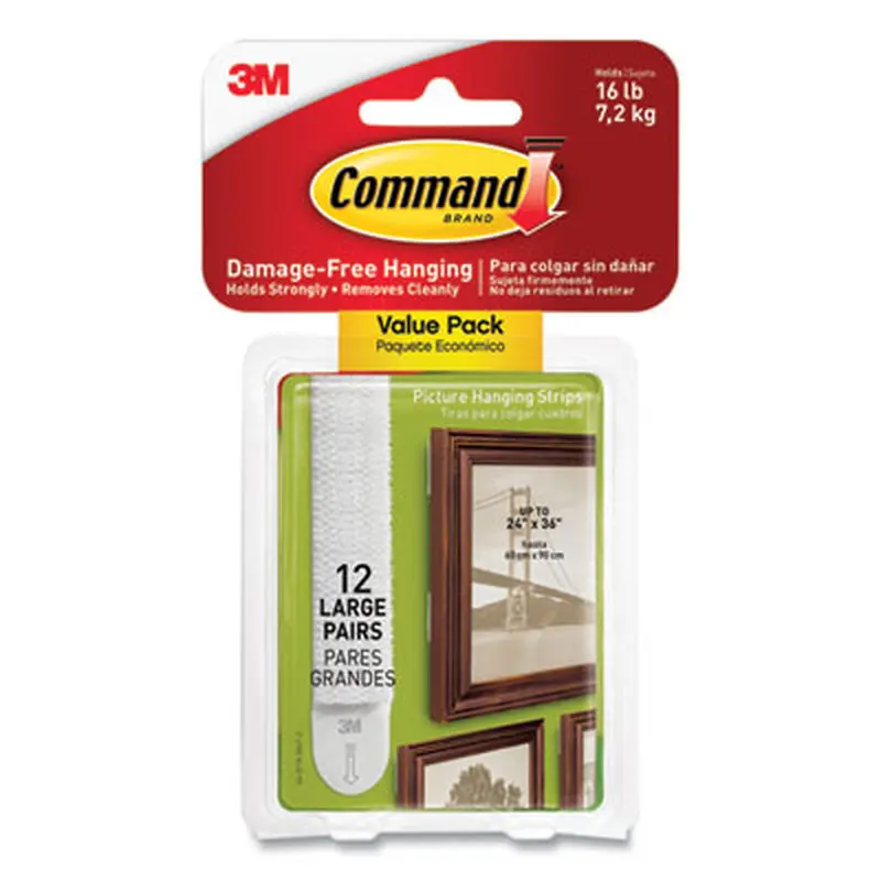 Picture Hanging Strips, Large, Removable, Holds Up to 4 lbs per Pair, 0.75 x 3.65, White, 12 Pairs/Pack - Mounting Tape | Command