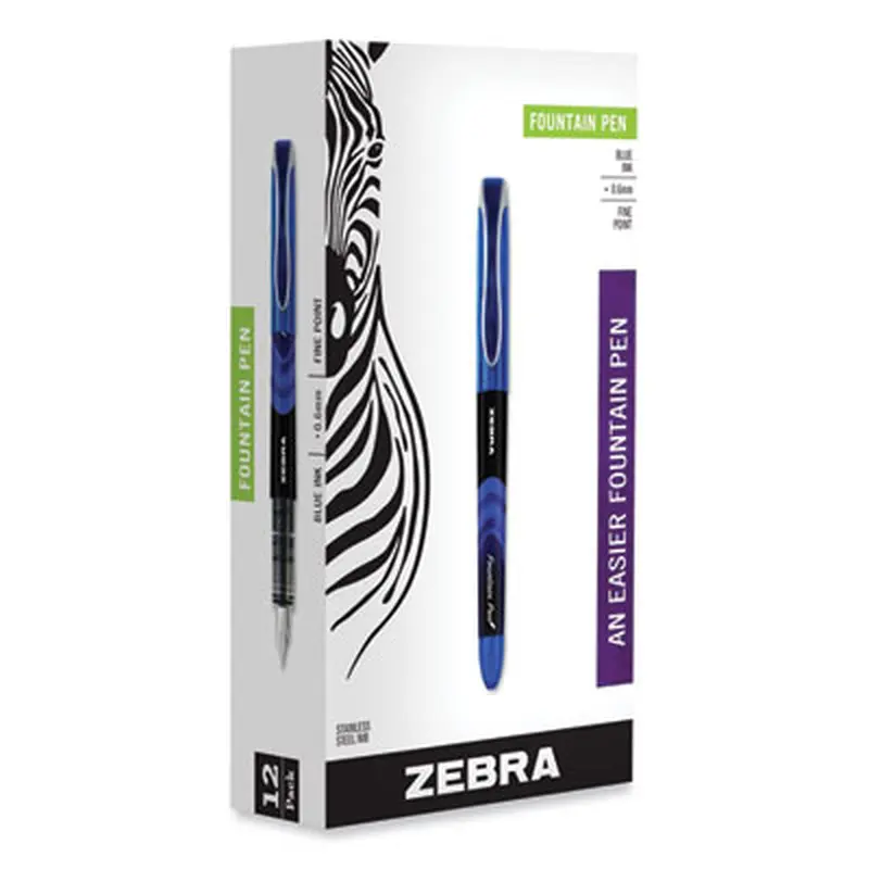 Fountain Pen, Fine 0.6 mm, Blue Ink, Black/Blue Barrel, 12/Pack - Pens | Zebra