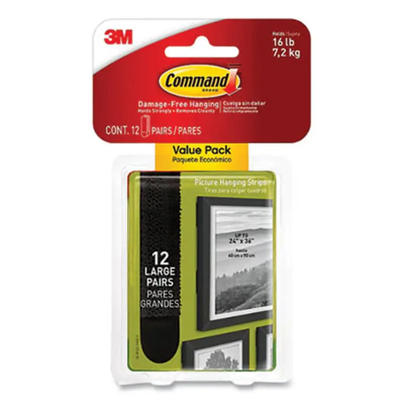 Bath Picture Hanging Strips, Large, Removable, Holds Up to 4 lbs per Pair, 0.75 x 3.65, Black, 12 Pairs/Pack - Mounting Tape | Command