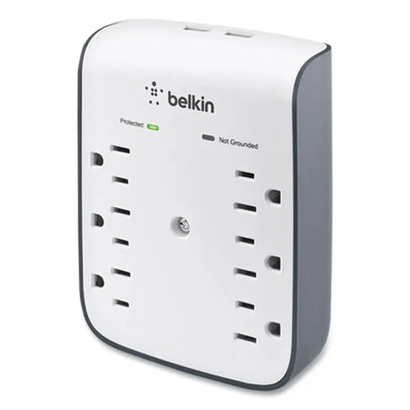 SurgePlus USB Wall Mount Charger, 6 AC Outlets/2 USB Ports, 900 J, White/Black - Surge Protectors | Belkin