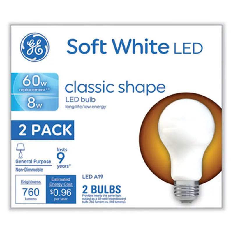 Classic LED Non-Dim A19 Light Bulb, 8 W, Soft White, 2/Pack - Light Bulbs | GE