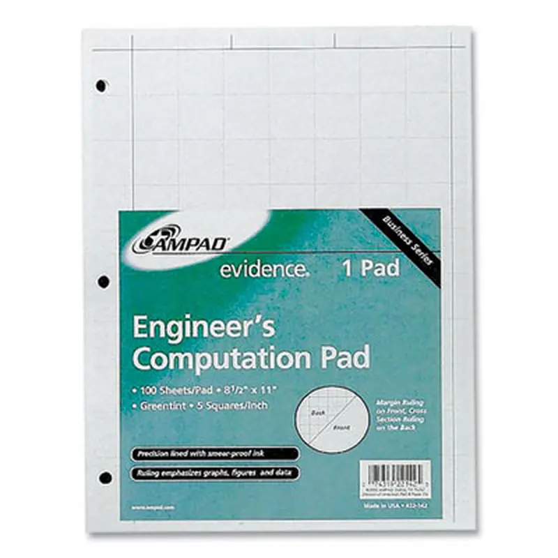 Evidence Engineer's Computation Pad, Cross-Section Quadrille Rule (5 sq/in, 1 sq/in), 100 Green-Tint 8.5 x 11 Sheets - Lab & Design Pads | Ampad