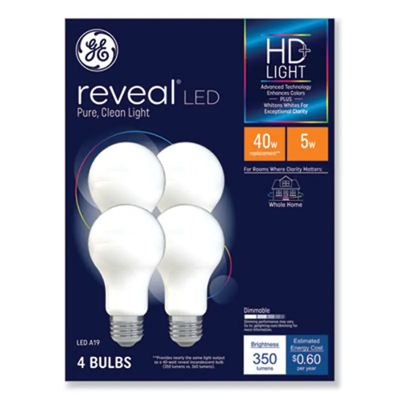 Reveal HD  LED A19 Light Bulb, 5 W, 4/Pack - Light Bulbs | GE