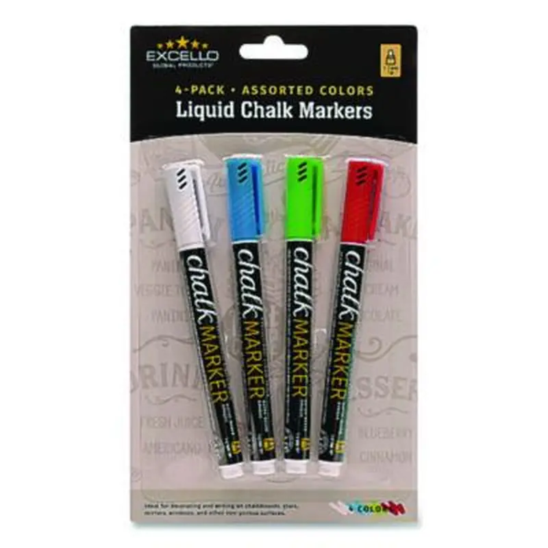 Liquid Chalk Markers, Fine Bullet Tip, Assorted Colors, 4/Pack - Board Markers | Excello Global Products