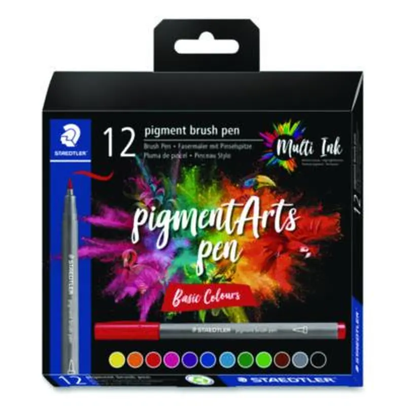 Pigment Brush Pen Set, Medium-Firm, Assorted Basic Colors, 12/Pack - Markers | Staedtler