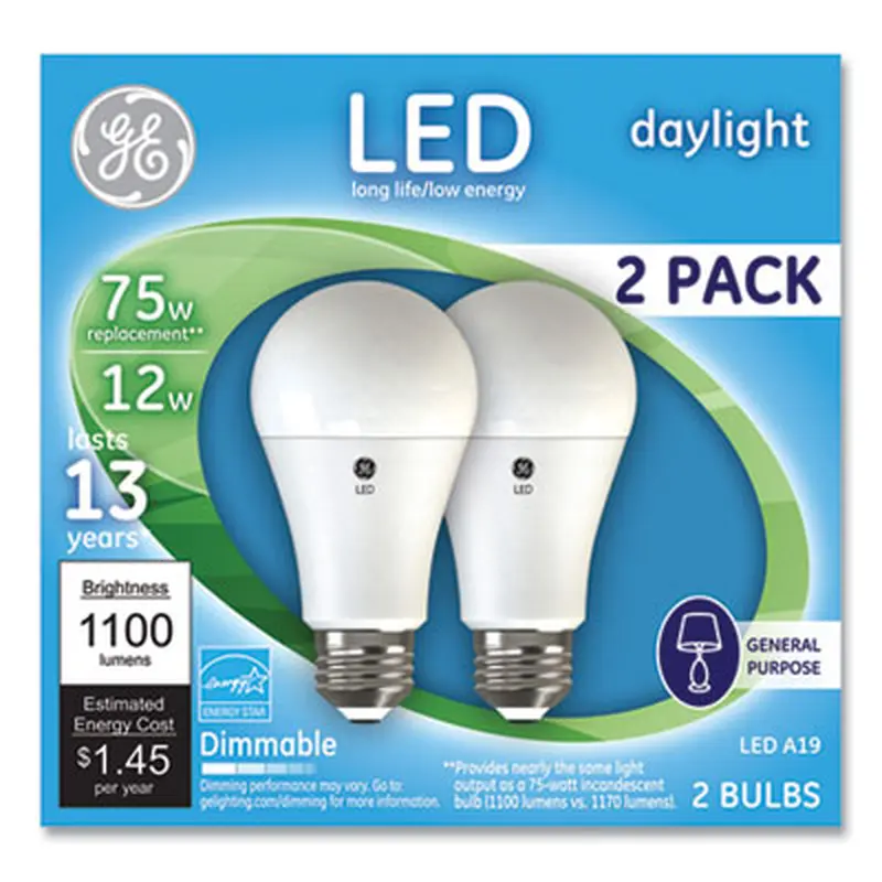 75W LED Bulbs, A19, 12 W, Daylight, 2/Pack - Light Bulbs | GE