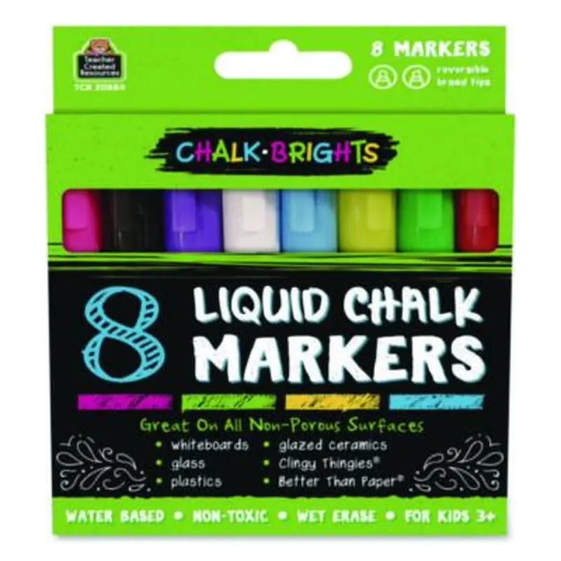Chalk Brights Liquid Chalk Markers, Broad Reversible Bullet/Chisel Tips, Assorted Colors, 8/Pack - Board Markers | Teacher Created Resources