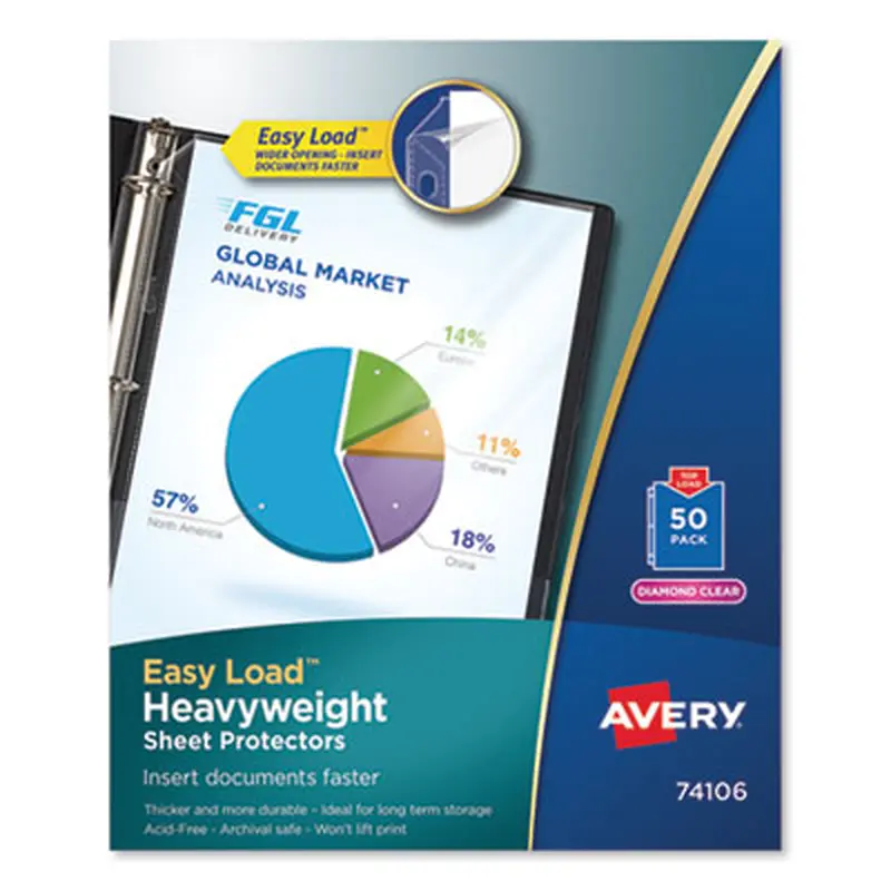 Heavyweight Easy Load Diamond Clear Sheet Protector, Side: 3-Hole Punched, Top Load 8.5 x 11 Insert, Clear Front, 50/Box - Sheet Protectors | Avery