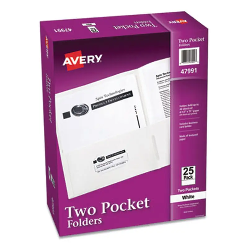 Two-Pocket Folder, 40-Sheet Capacity, 11 x 8.5, White, 25/Box - Pocket Folders | Avery