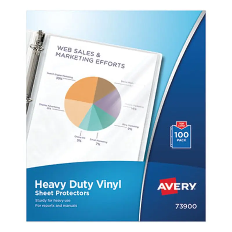 Heavy Duty Vinyl Sheet Protector Value Pack, Side: 3-Hole Punched, Top Load 8.5 x 11 Insert, Clear Front, 100/Box - Sheet Protectors | Avery