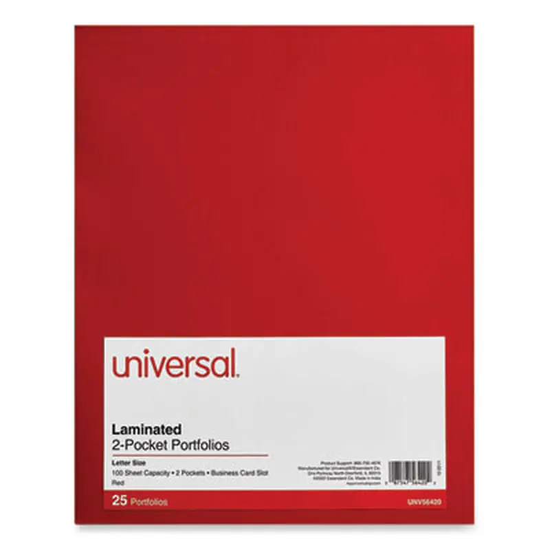 Laminated Two-Pocket Folder, Cardboard Paper, 100-Sheet Capacity, 11 x 8.5, Red, 25/Box - Pocket Folders | Universal