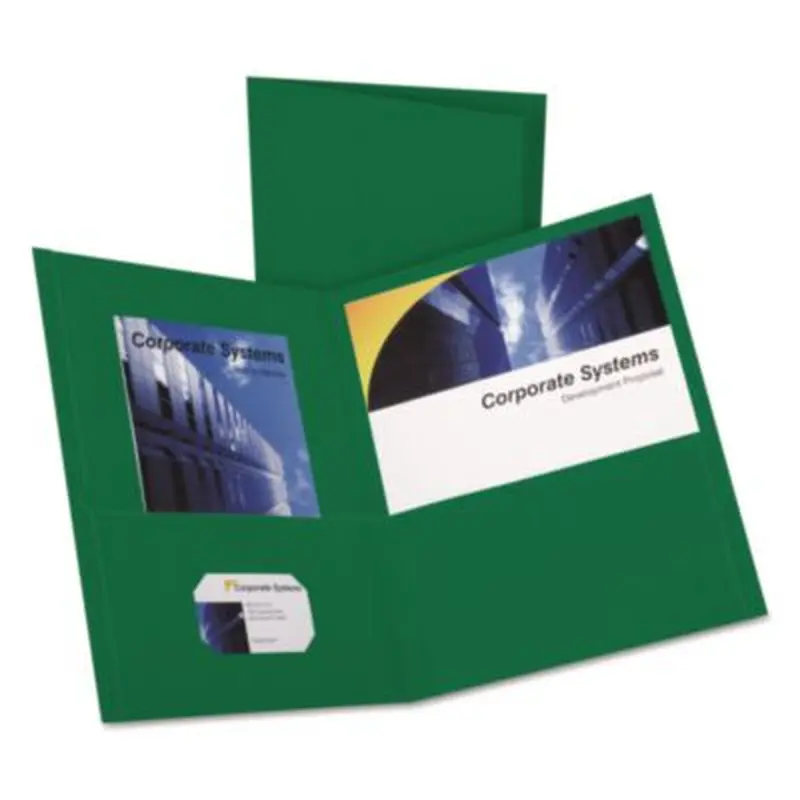 Twin-Pocket Folder, Embossed Leather Grain Paper, 0.5" Capacity, 11 x 8.5, Hunter Green, 25/Box - Pocket Folders | Oxford