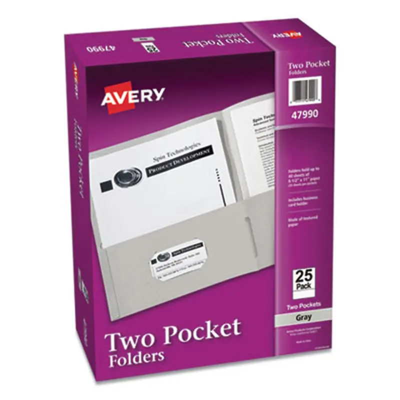 Two-Pocket Folder, 40-Sheet Capacity, 11 x 8.5, Gray, 25/Box - Pocket Folders | Avery