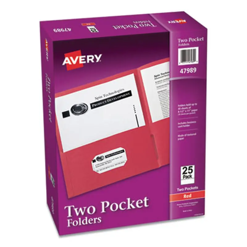Two-Pocket Folder, 40-Sheet Capacity, 11 x 8.5, Red, 25/Box - Pocket Folders | Avery