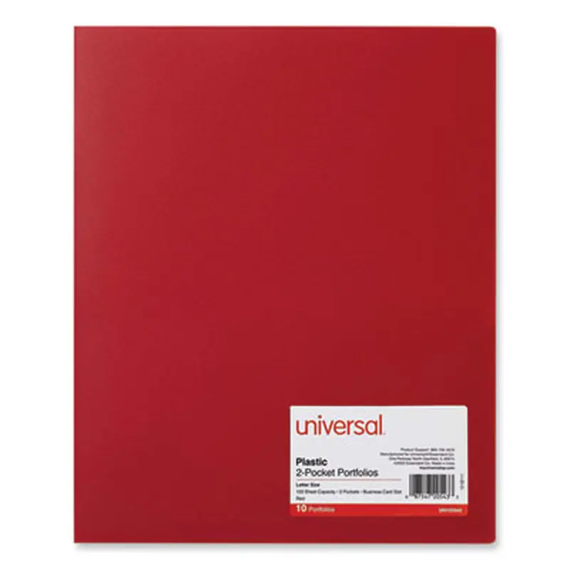Two-Pocket Plastic Folders, 100-Sheet Capacity, 11 x 8.5, Red, 10/Pack - Pocket Folders | Universal