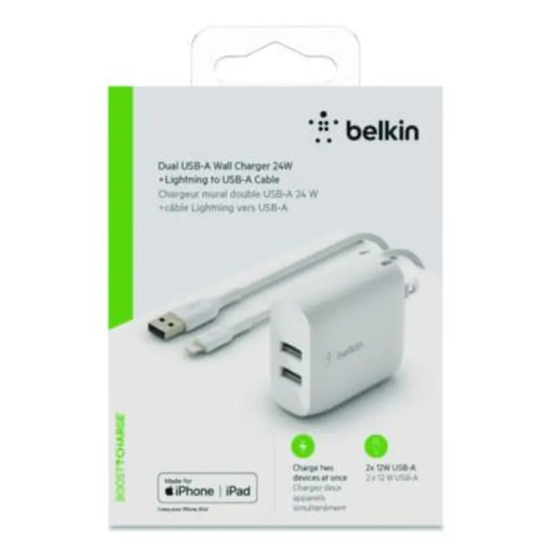 BOOST CHARGE Dual USB-A Wall Charger   Lightning to USB-A Cable, White - Adapters/Chargers | Belkin