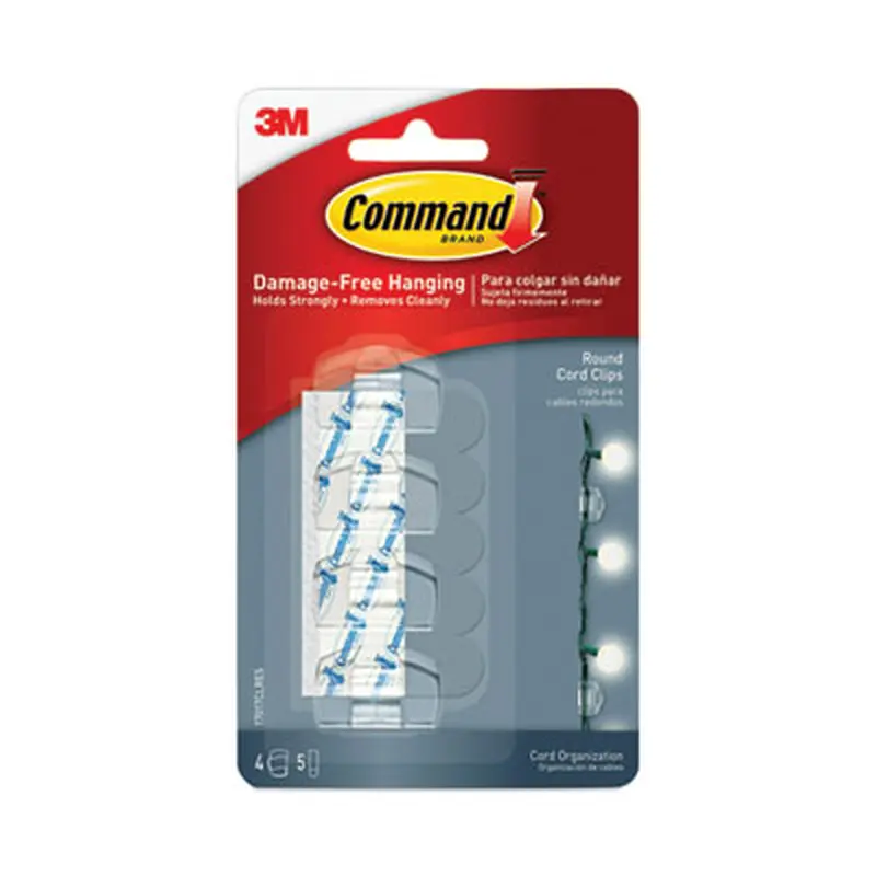 Cord Clip, Round, with Adhesive, 0.75"w, Clear, 4/Pack - Cable Management | Command