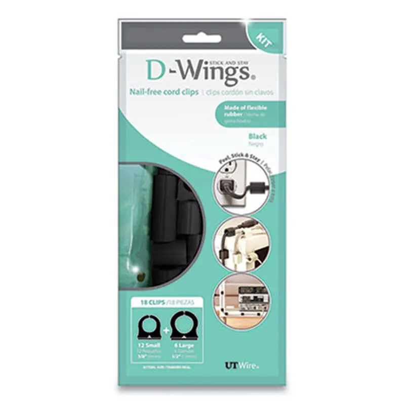 D-Wings Nail-Free Cord Clips, 12 Small 0.38", Six Large 0.5", Black, 18/Pack - Cable Management | UT Wire