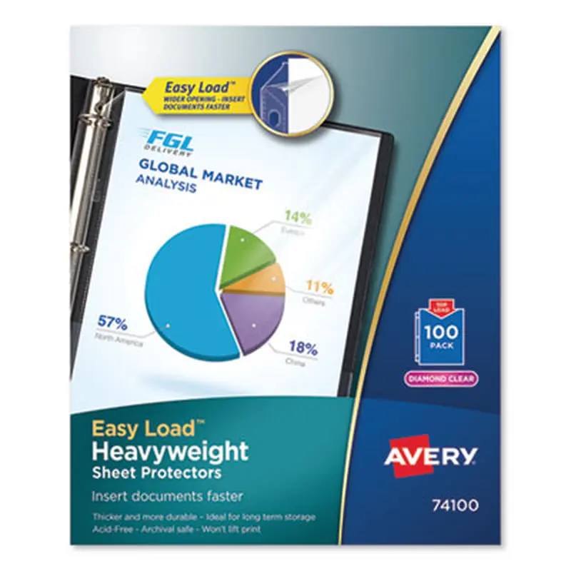 Heavyweight Easy Load Diamond Clear Sheet Protector, Side: 3-Hole Punched, Top Load 8.5 x 11 Insert, Clear Front, 100/Box - Sheet Protectors | Avery