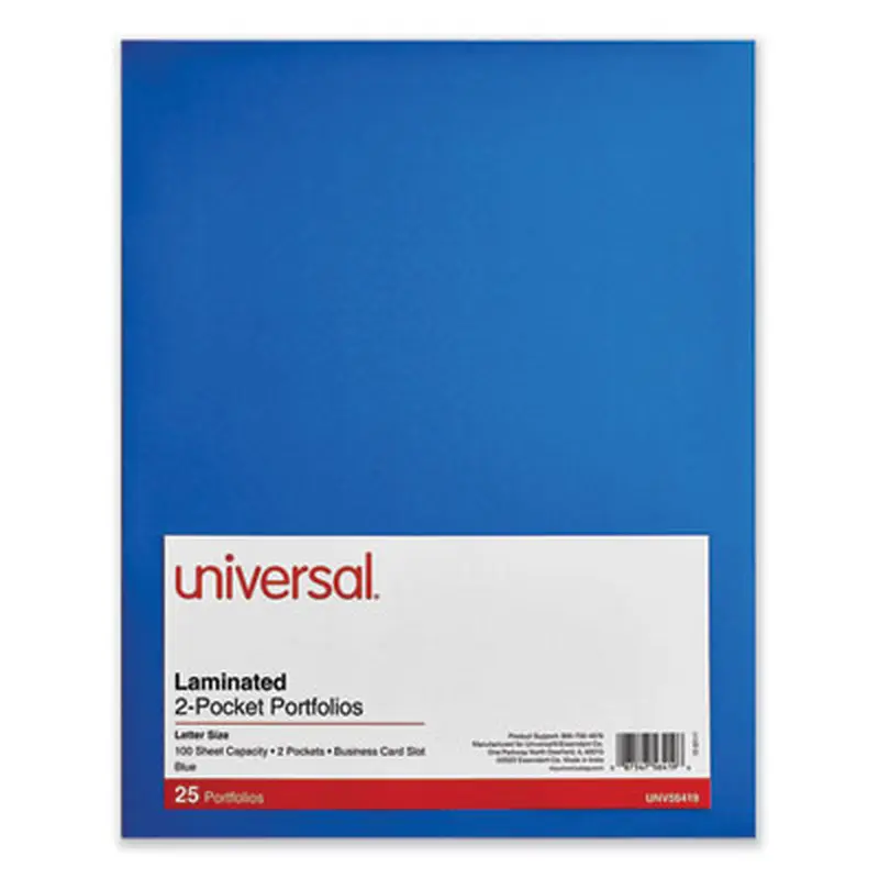 Laminated Two-Pocket Folder, Cardboard Paper, 100-Sheet Capacity, 11 x 8.5, Blue, 25/Box - Pocket Folders | Universal