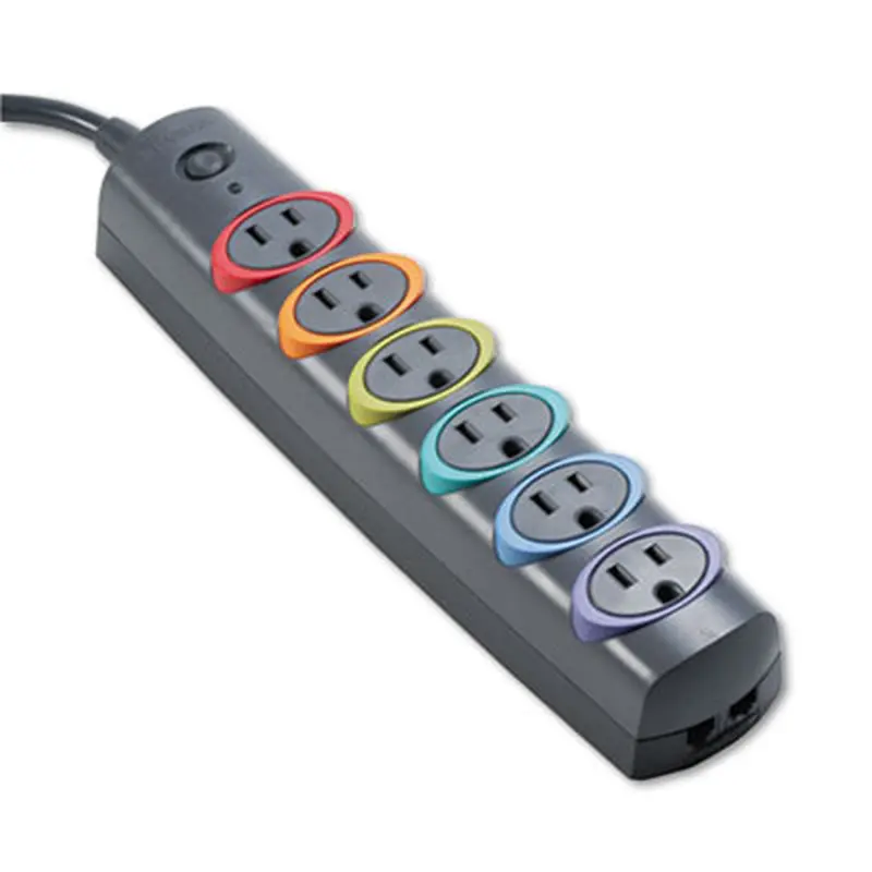 SmartSockets Color-Coded Strip Surge Protector, 6 AC Outlets, 6 ft Cord, 670 J, Gray - Surge Protectors | Kensington